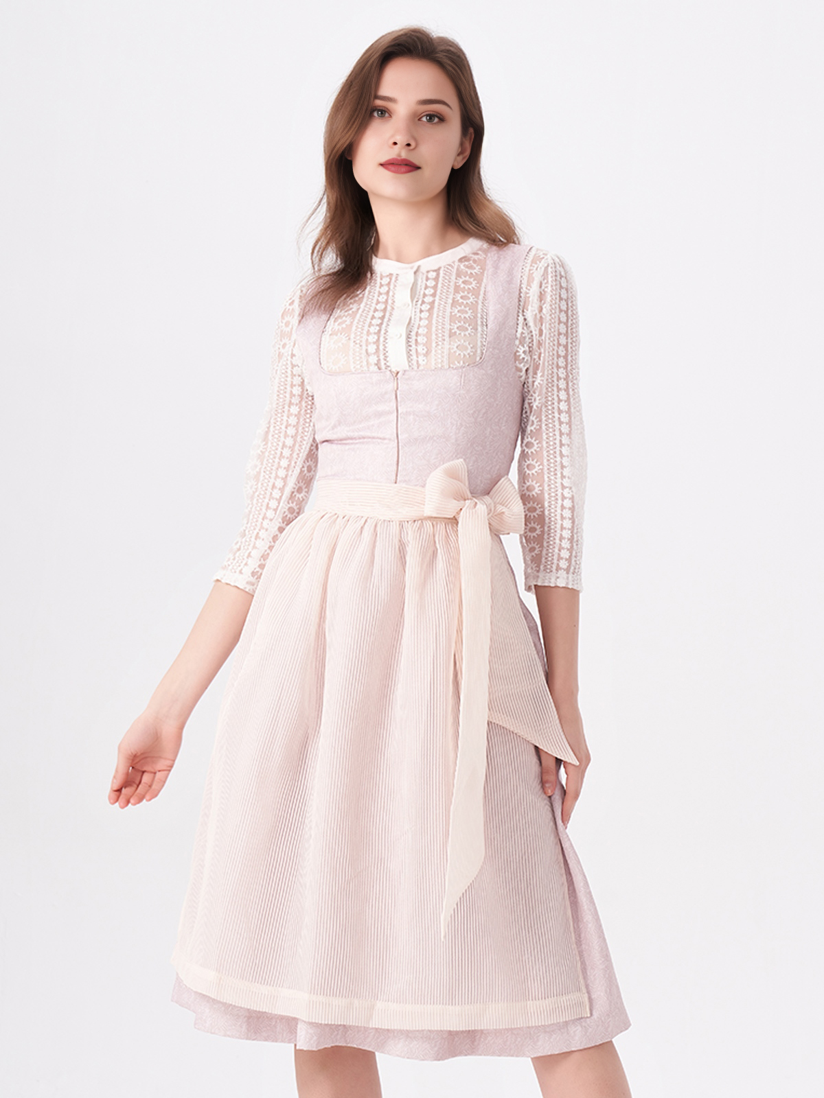 Beiges Dirndl mit rosa Schürze